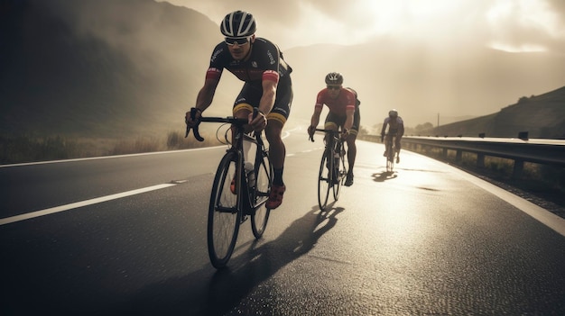 Foto equipo de ciclistas en la autopista