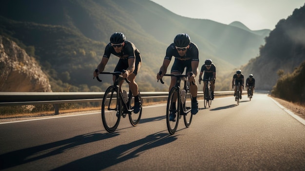 Foto equipo de ciclistas en la autopista