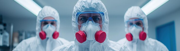 Un equipo de científicos con equipo de protección centrado en la investigación en el laboratorio muestra determinación y seguridad Su ropa incluye máscaras y trajes para entornos peligrosos
