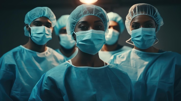 Equipo de cirujanos en quirófano quirúrgico cirujanos talentosos con máscaras médicas realizaron con éxito una cirugía compleja en un retrato de grupo de pacientes de médicos negros con bata médica IA generativa