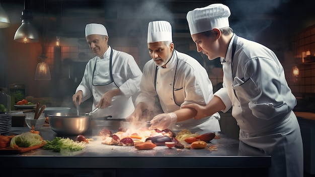 equipo de cocineros preparando platos en la cocina