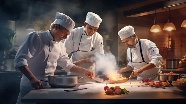 equipo de cocineros preparando platos en la cocina