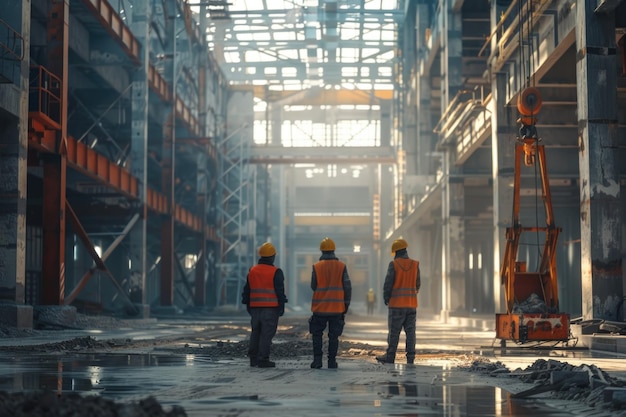 Equipo colaborativo de ingenieros, técnicos y trabajadores en el proyecto de almacén