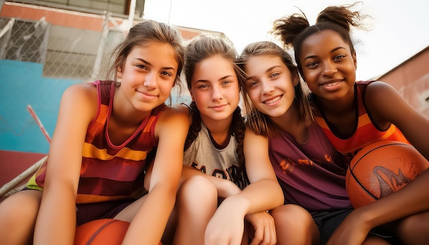 Equipo con coloridos uniformes de baloncesto se toma una selfie