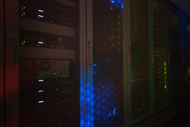 Foto equipo de comunicación de panel moderno con luz de la pantalla en el centro de datos en la sala del servidor