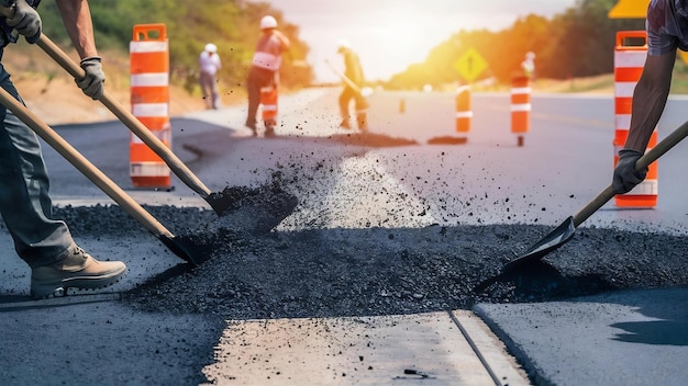 Foto el equipo de construcción de carreteras usó palas para esparcir más asfalto sobre la parte superior del nuevo pavimento