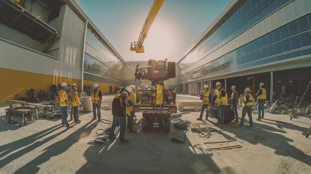 Un equipo de construcción en un nuevo edificio gran angular