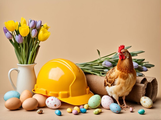 Equipo de constructores con huevos de Pascua, pollos y flores en fondo beige
