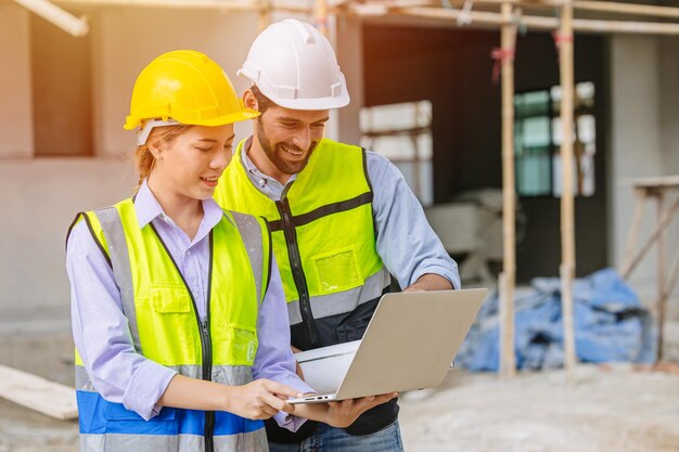 Equipo de constructores de ingenieros de trabajo en equipo de construcción que buscan proyectos de planos de planta juntos en la sonrisa feliz de la computadora portátil