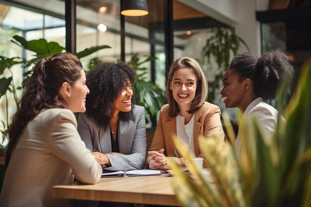 Un equipo corporativo femenino multirracial armonioso trabaja en conjunto