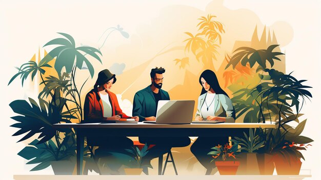 Equipo de coworking en la ilustración plana de oficina generada por AI