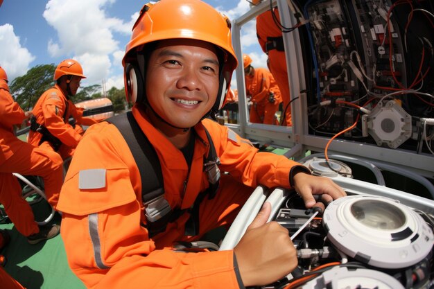 Foto equipo cualificado de electricistas que trabajan juntos para configurar el equipo de alta tensión de manera eficiente