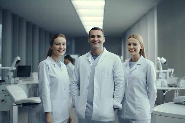 Equipo dental feliz en una clínica moderna que promueve la IA generativa