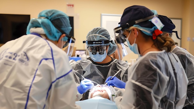 Un equipo de dentistas y asistentes con equipo de protección realizan un procedimiento dental en un paciente