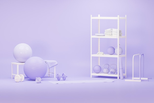 Equipo deportivo sobre fondo blanco y morado pastel para el empaquetado de estilo de vida saludable 3D Render