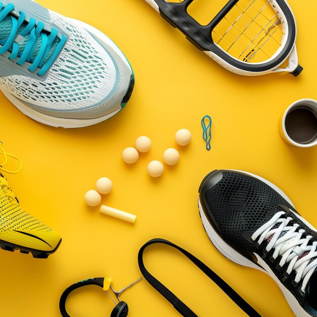 Foto equipo deportivo y zapatillas de deporte en un amarillo