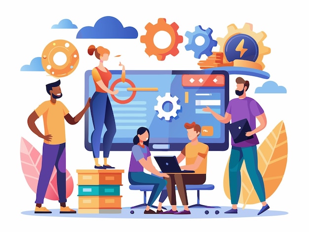 Equipo de desarrolladores depurando errores de software en el arte vectorial de la pantalla de la computadora