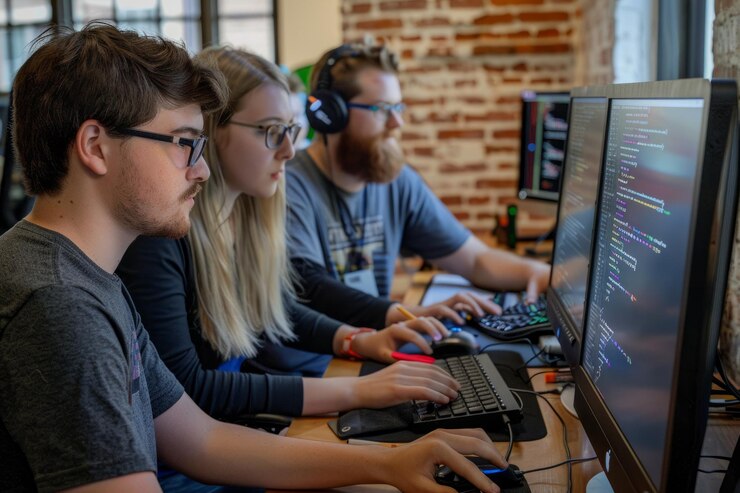 Foto un equipo de desarrolladores que trabajan juntos en código en un espacio de trabajo colaborativo de plan abierto