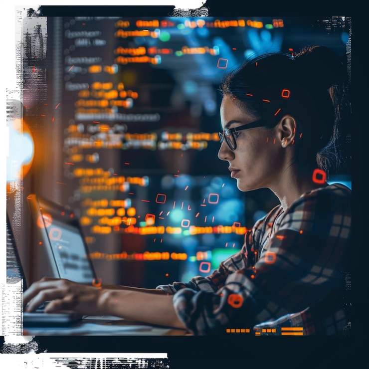 Equipo de desarrolladores de software discutiendo algoritmos en la pantalla de la computadora