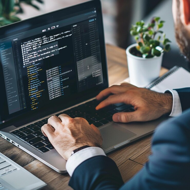 Equipo de desarrolladores de software discutiendo algoritmos en la pantalla de la computadora
