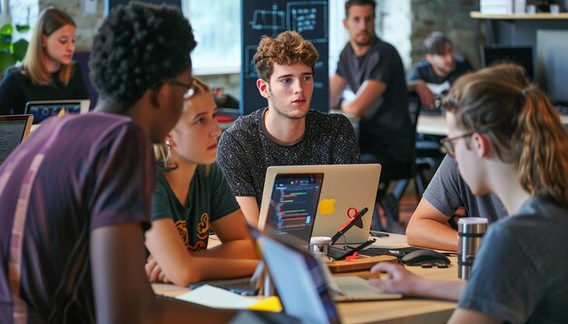 Equipo dinámico de desarrollo de software que colabora en un espacio de coworking moderno