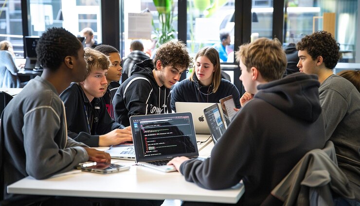 Foto equipo dinámico de desarrollo de software que colabora en un espacio de coworking moderno