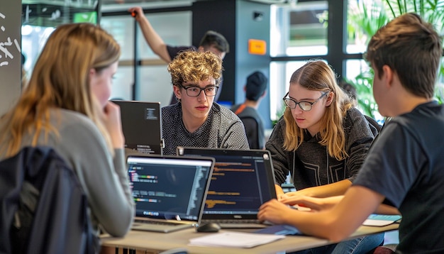 Equipo dinámico de desarrollo de software que colabora en un espacio de coworking moderno