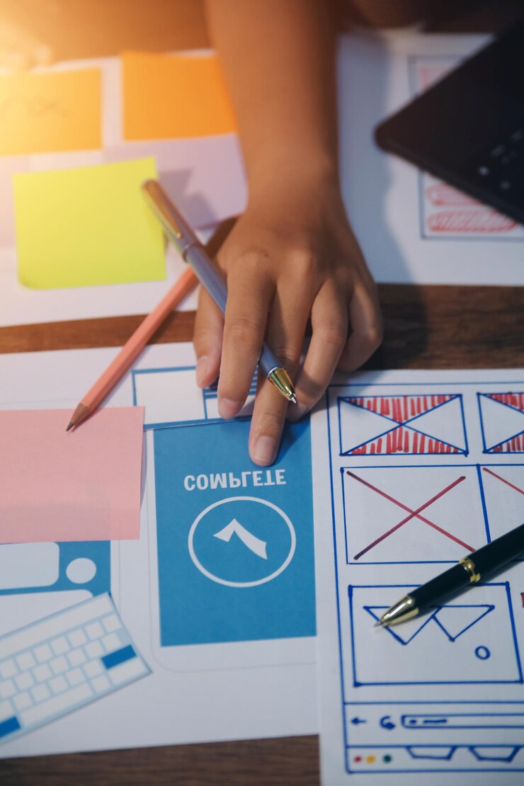 Foto el equipo de diseñadores está diseñando el sistema uxui para hacer que el sistema uxui funcione bien en nuevos teléfonos y soporte actualizaciones del sistema concepto de desarrollo de sitio web ui ux diseñador de front end
