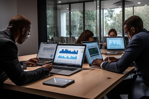 Un equipo diverso de compañeros de trabajo analizando gráficos y gráficos de negocios en una computadora portátil y una tableta digital