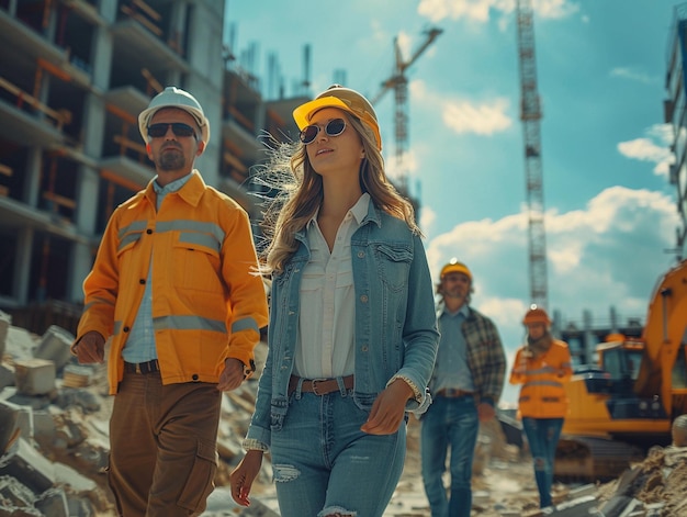 Un equipo diverso de hombres y mujeres caminando por el sitio de construcción