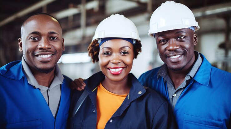 Un equipo diverso de ingenieros industriales sonrientes con sombreros duros en la planta de fabricación