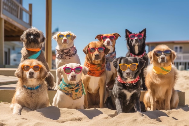 Un equipo diverso de perros en sombras en la playa IA generativa