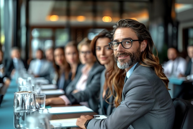 Un equipo diverso de profesionales corporativos en una reunión estratégica en la Oficina Moderna