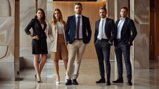 Equipo de ejecutivos profesionales posando en un entorno corporativo Líderes empresariales confiados unidos Conceptualización del lugar de trabajo moderno Vestido formal exhibido por personal calificado AI