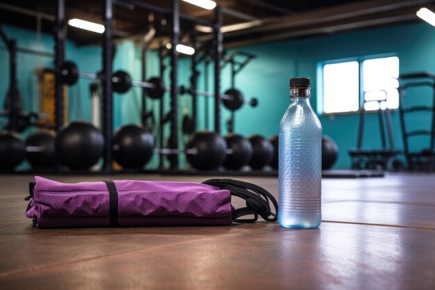 Foto equipo de ejercicio junto a una botella de agua en el suelo de un gimnasio