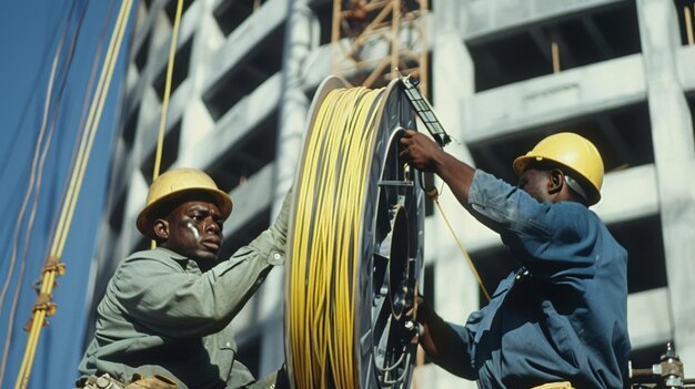 Foto un equipo de electricistas desenrollando un gran carrete de alambre mientras se preparan para introducirlo en las paredes de