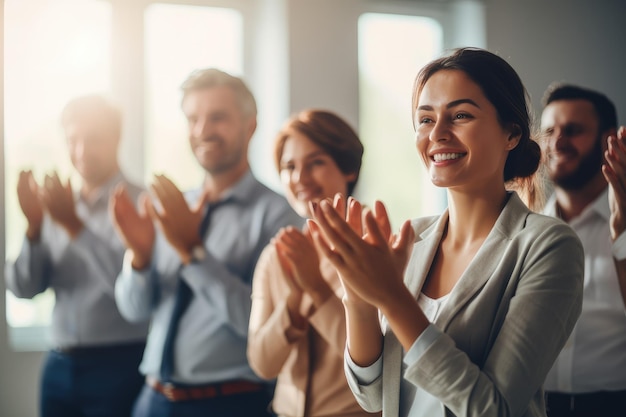 El equipo empresarial y los empleados aplauden por el éxito. Logro de apoyo