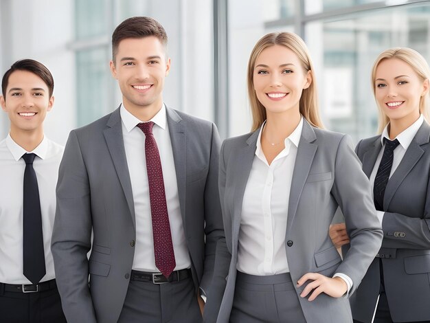 Equipo empresarial exitoso sonriendo con confianza en el interior