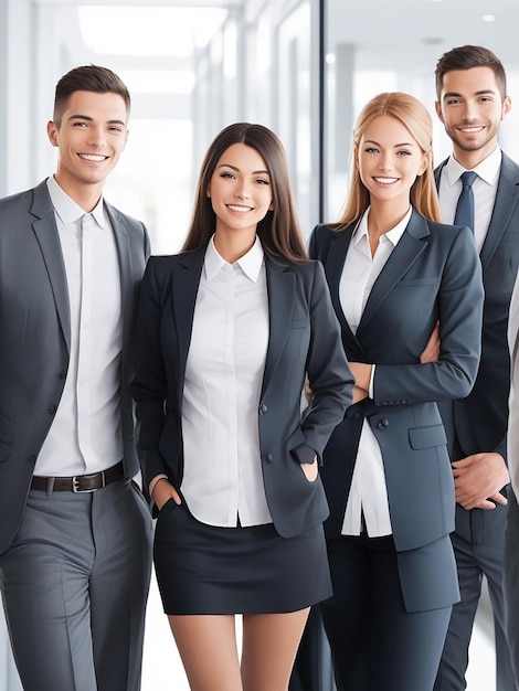 Equipo empresarial exitoso sonriendo con confianza en el interior