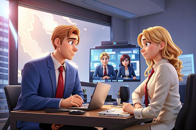 El equipo de empresario y empresaria de Anime se comunica a través de una videoconferencia de negocios con enlace de video