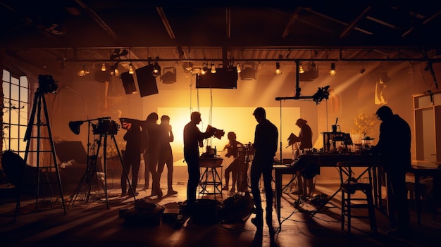 Equipo de equipo de filmación iluminador y camarógrafo trabajando juntos con el director en la producción de video de un gran estudio