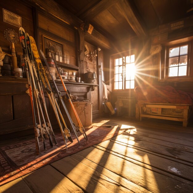 Foto equipo de esquí antiguo en una cabaña de madera