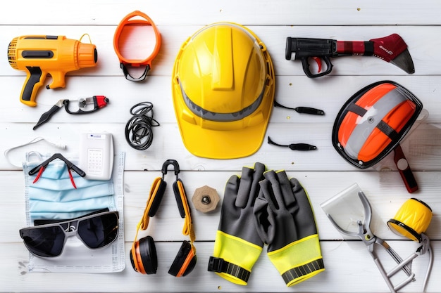 Foto equipo estándar de seguridad en la construcción sobre un fondo blanco vista superior