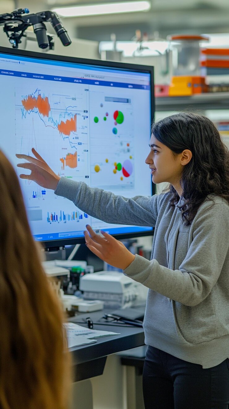 Foto equipo de estudiantes que colaboran en el laboratorio stem de alta tecnología