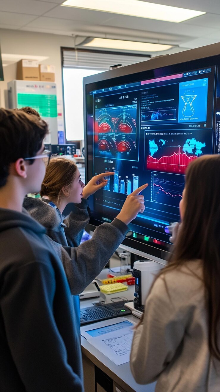 Foto equipo de estudiantes que colaboran en el laboratorio stem de alta tecnología