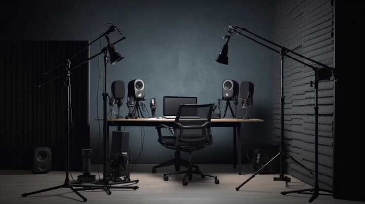 Equipo de estudio de grabación de audio sobre fondo negro generativo ai