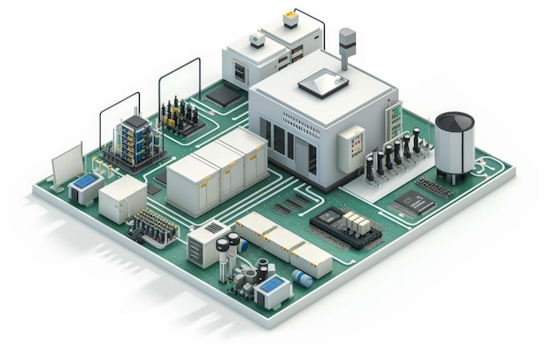 Equipo para la fabricación de placas de circuitos impresos de PCB sobre fondo blanco