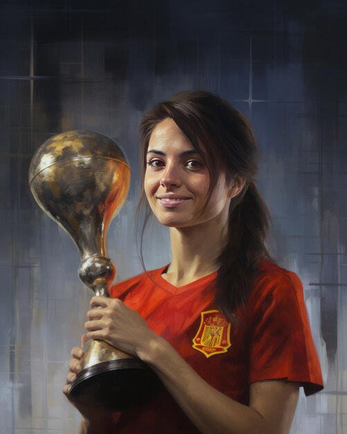 Foto el equipo femenino español está celebrando con un trofeo de campeón después de ganar el partido final