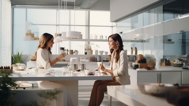 Equipo femenino hablando en una oficina moderna minimalista magnífica imagen de stock limpia