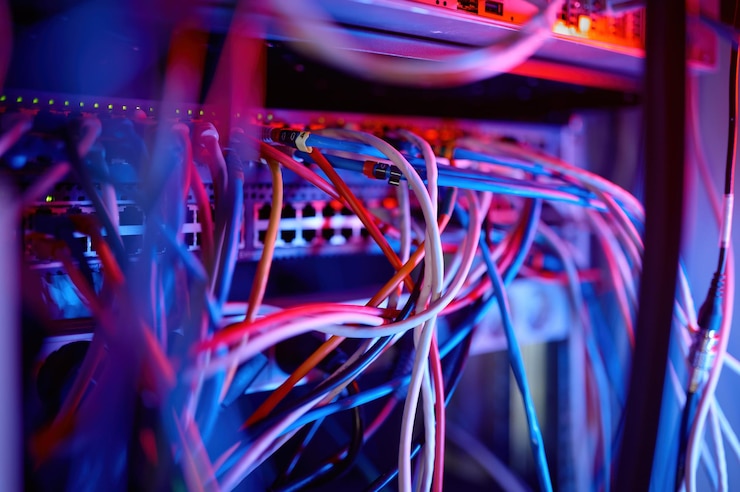 Foto equipo de fibra óptica en la sala de servidores del centro de datos